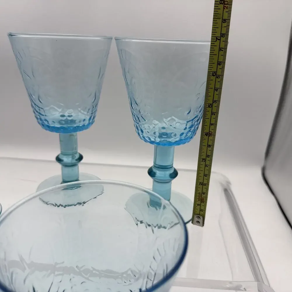 Lot Of 8 Renaissance FLEUR DE LIS by ZRIKE Blue Hobnail Water Goblet Vintage